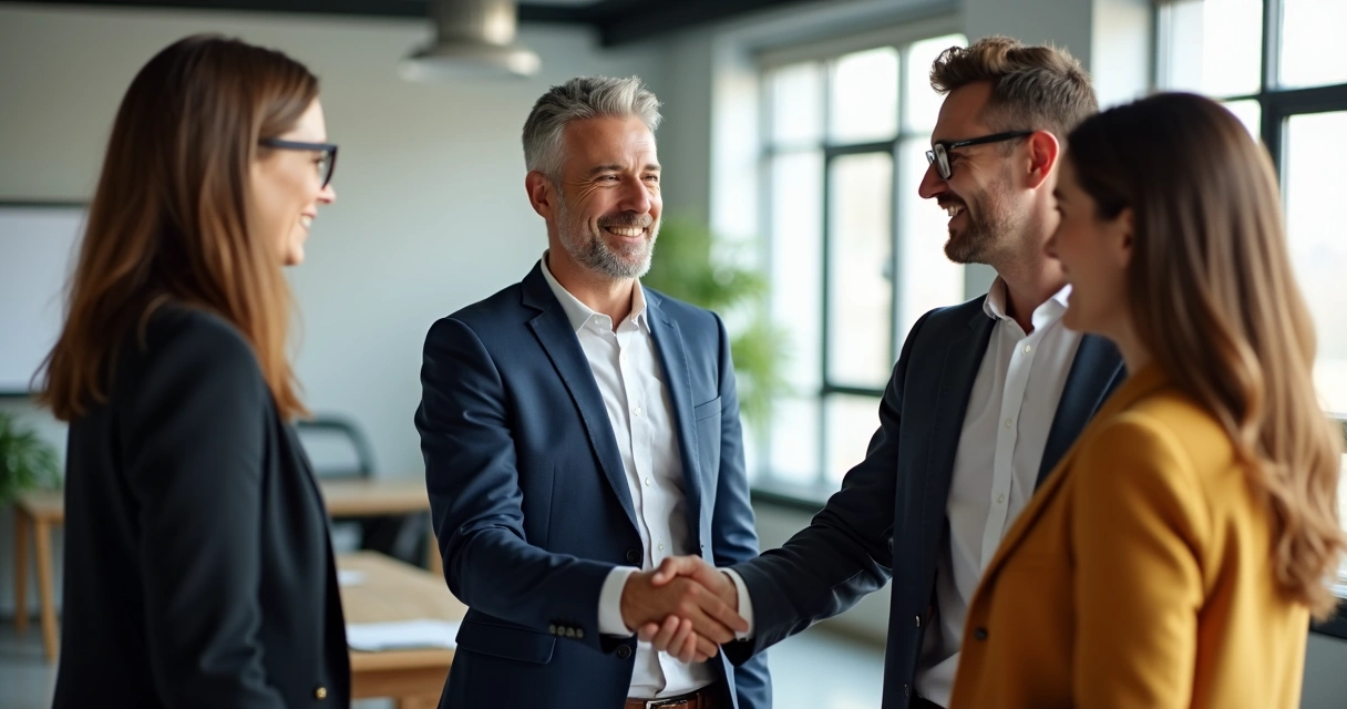 Equipe profissional com diferentes idades cumprimentando-se de forma confiante após discussão franca 