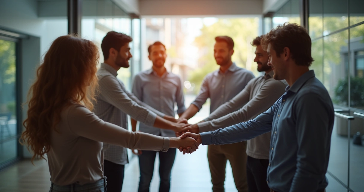 Equipe de trabalho reunida em círculo de mãos dadas 