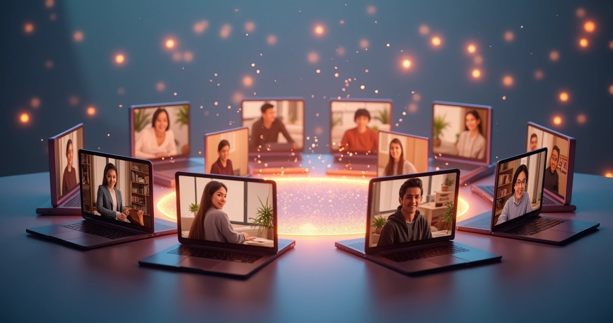 Mosaico de telas digitais formando círculo simbolizando confiança em grupo online 