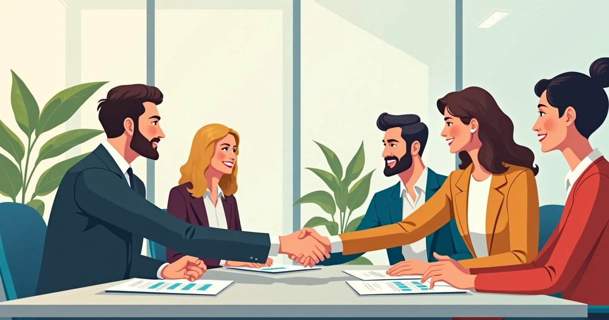 Representantes em torno de uma mesa cumprimentando-se com apertos de mão, expressando confiança em ambiente iluminado 