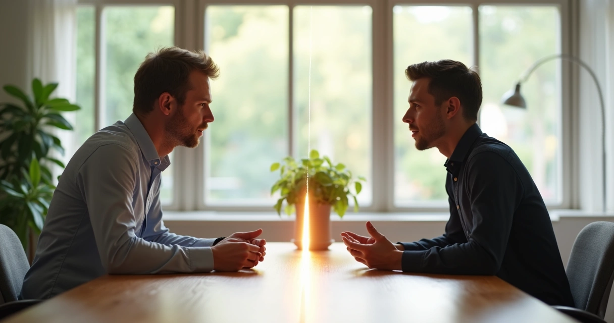 Duas pessoas conversando frente a frente com uma linha sutil marcando limites entre elas 