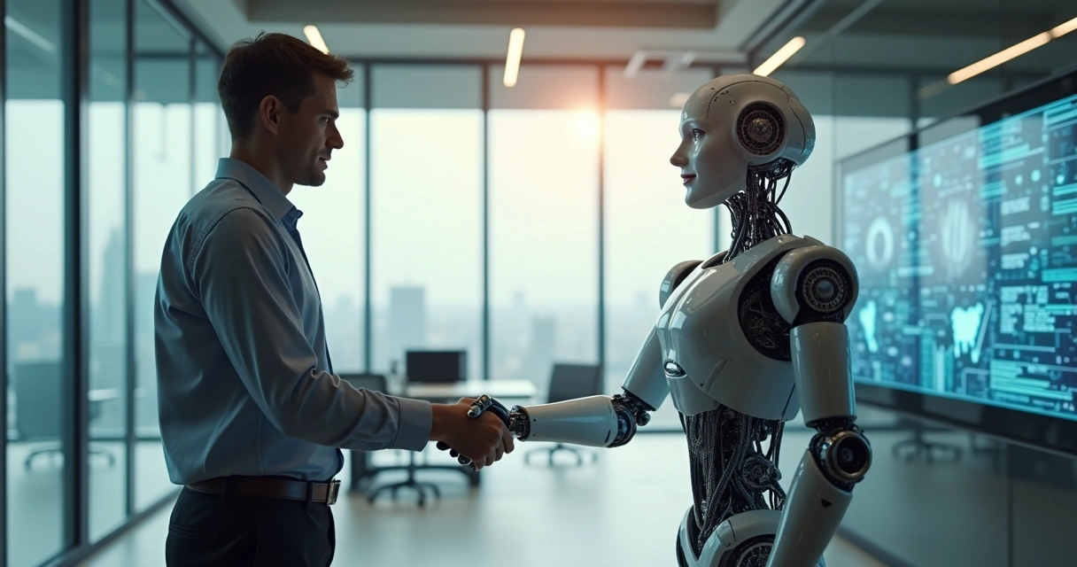 Gestor de TI apertando a mão de um robô humanoide em uma sala moderna