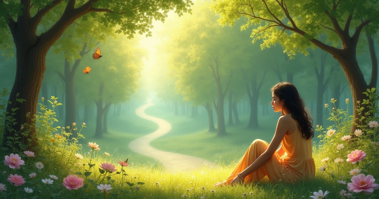 Uma pessoa meditativa em um ambiente tranquilo, cercada pela natureza e flores, simbolizando a intuição.
