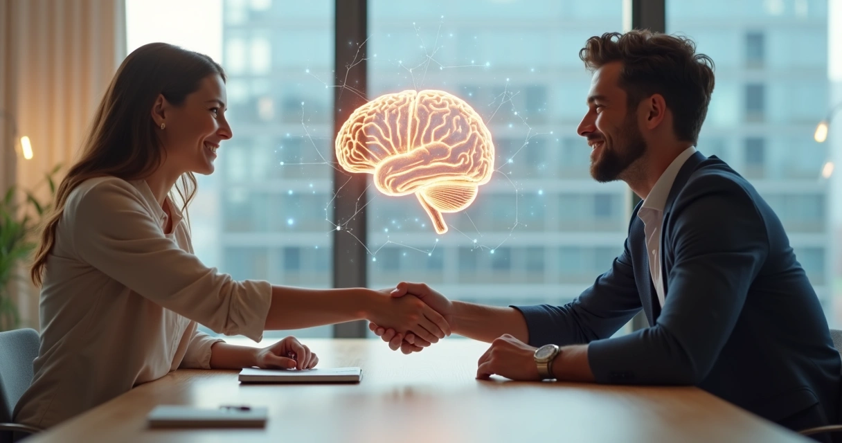 Duas pessoas fazendo aperto de mão com cérebro luminoso ao fundo 