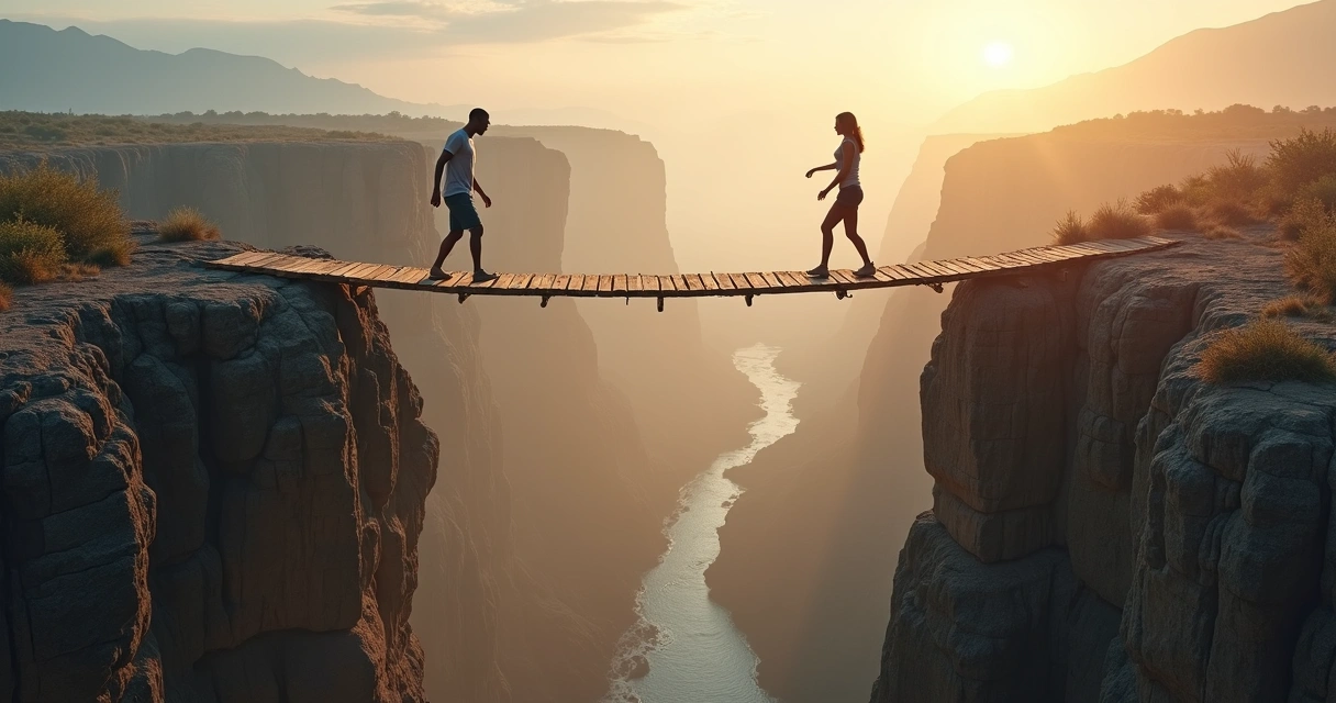 Duas pessoas se aproximando para um aperto de mão sobre uma ponte entre dois penhascos 