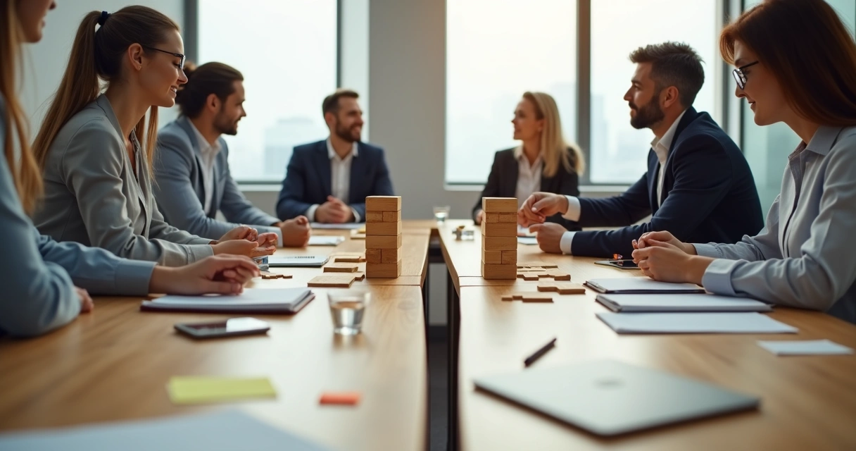 Colegas montando ponte de peças de madeira entre dois lados de mesa simbolizando confiança 