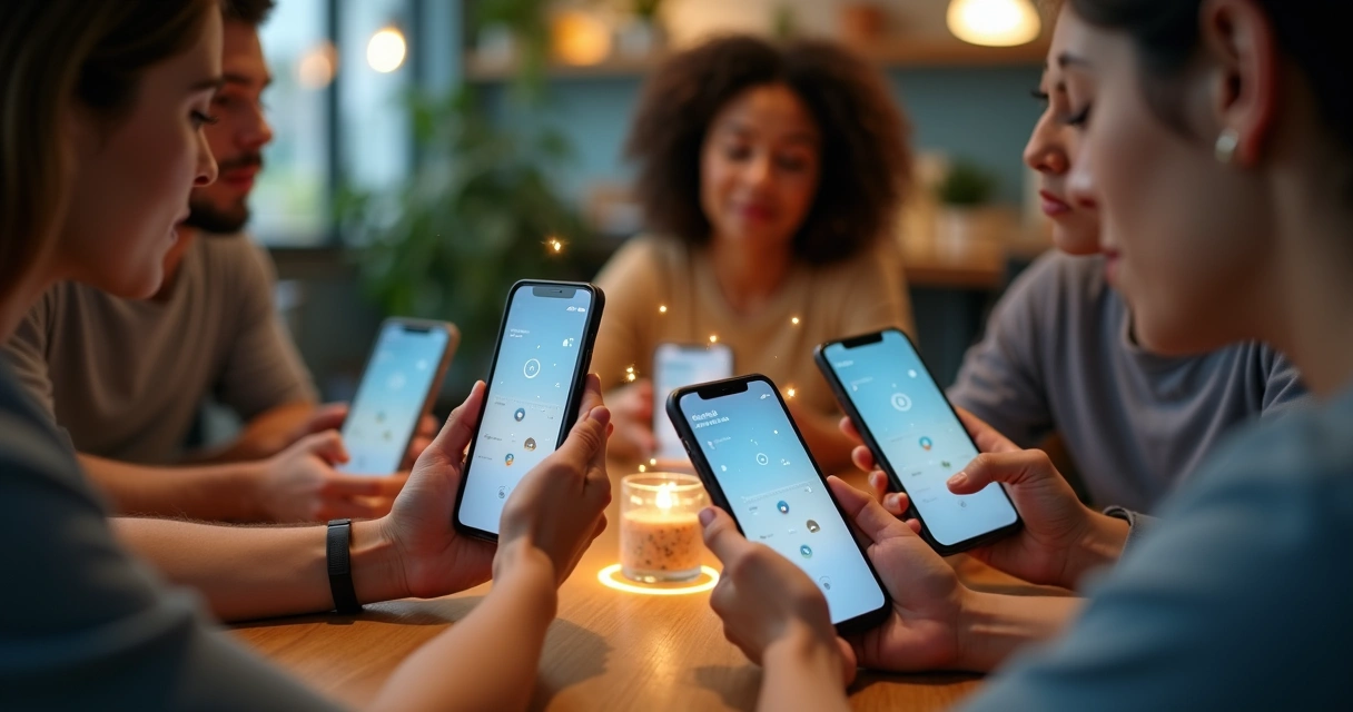 Mãos segurando smartphones conectados por linhas de luz simbolizando confiança nas redes sociais 
