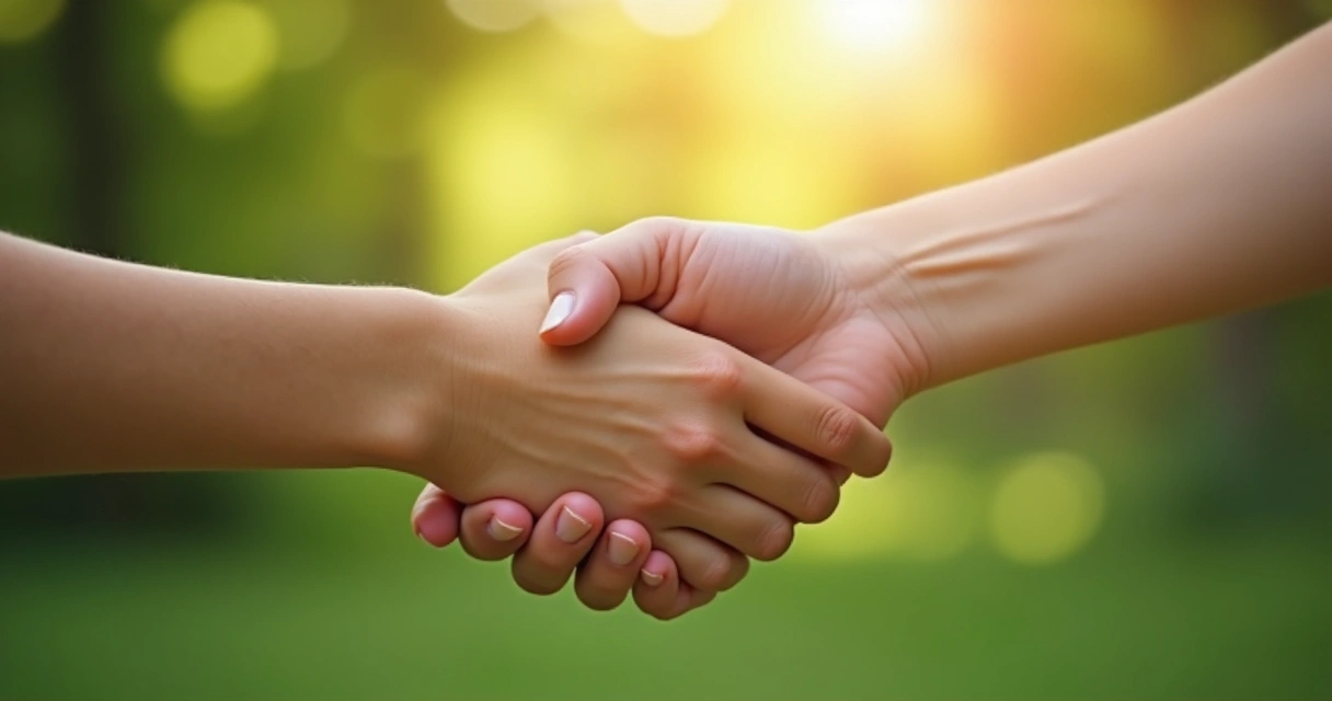 Pessoa segurando a mão de outra em meio a cenário leve, sugerindo renovação e esperança 