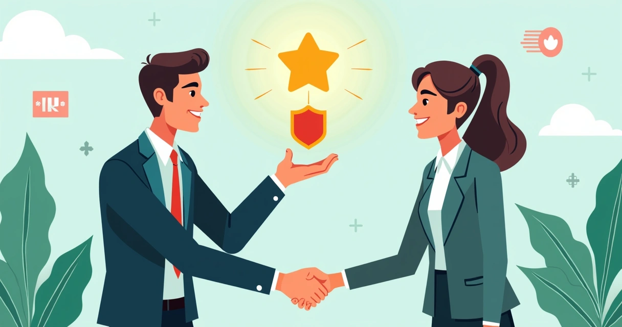 Símbolo de reputação e confiança apresentado com aperto de mãos e crachá profissional 