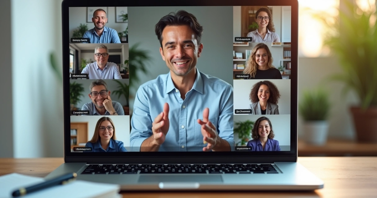 Equipe diversa em videoconferência transmitindo confiança em ambiente virtual moderno 