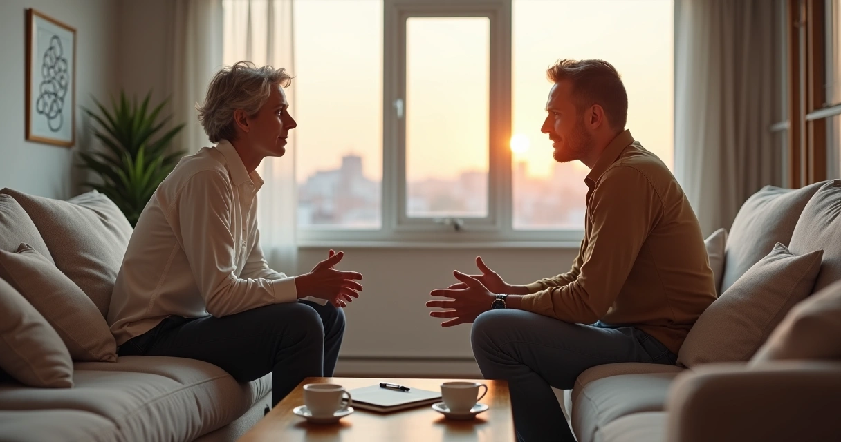 Duas pessoas se reconciliando em uma conversa calma em um ambiente acolhedor 