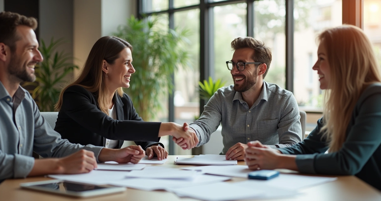 Colegas de equipe sorrindo e cumprimentando-se após conclusão de projeto 