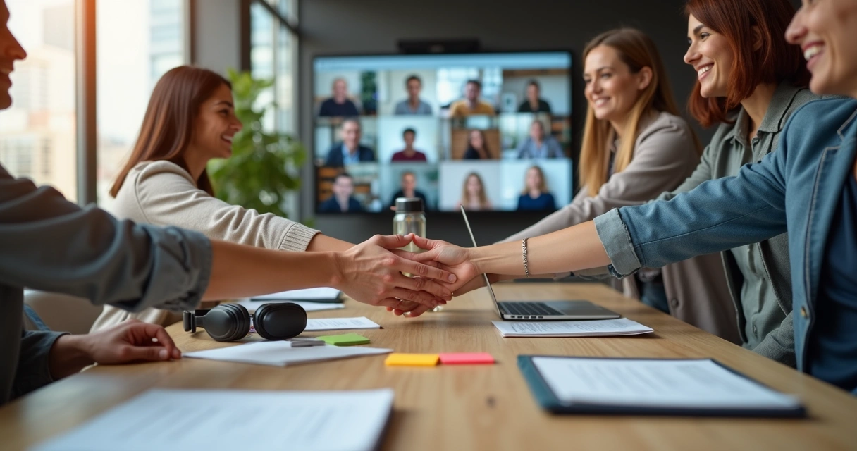 Equipe conecta mãos sobre mesa na frente de grande tela com colegas em videoconferência 