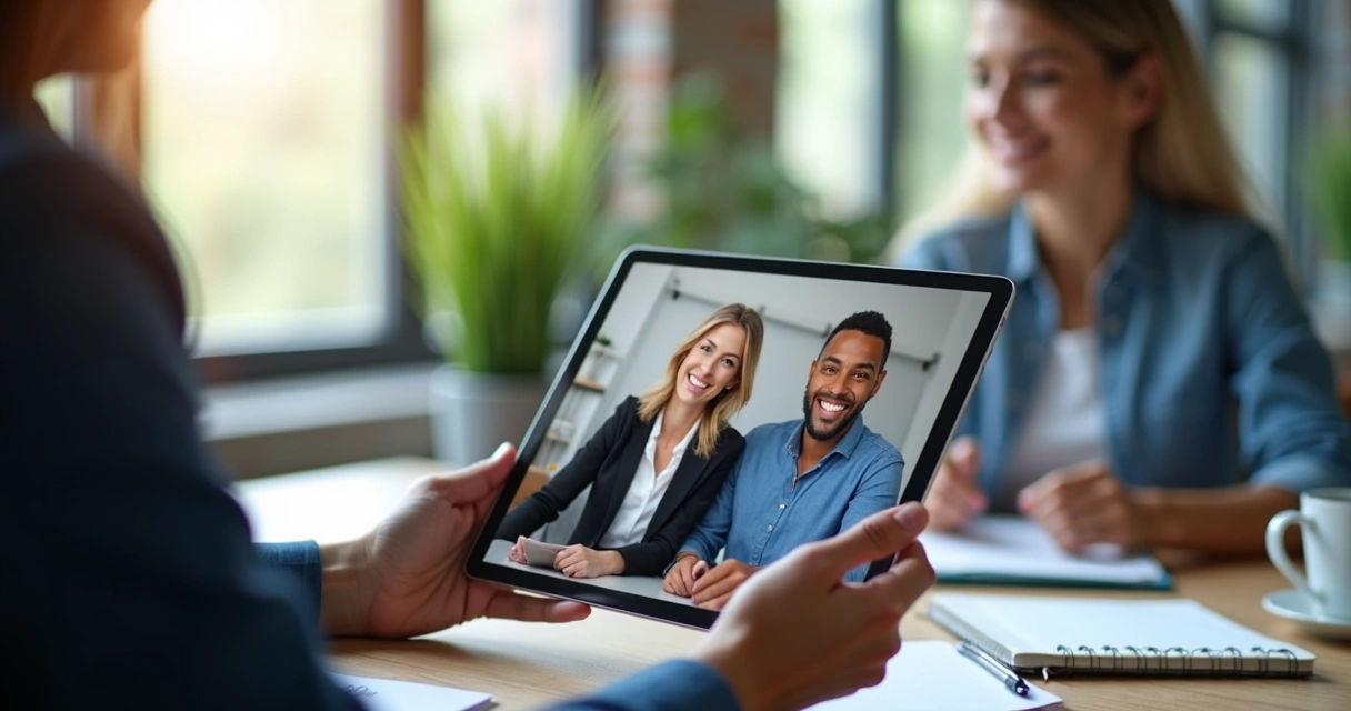 Colegas de trabalho híbrido sorrindo com confiança durante uma reunião online 