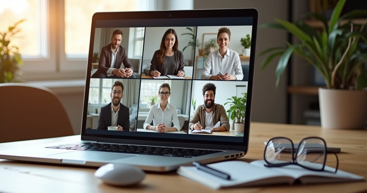 Equipe remota em chamada de vídeo demonstrando confiança e conexão 