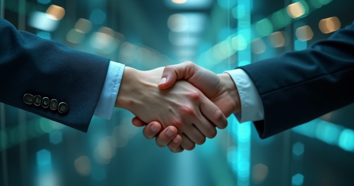 Aperto de mãos digital simboliza confiança entre usuário e empresa online 