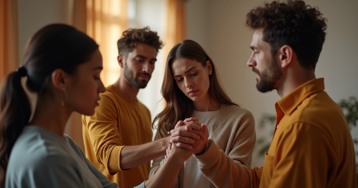 Grupo de amigos sosteniéndose las manos en círculo, uno de ellos recibiendo apoyo emocional. 