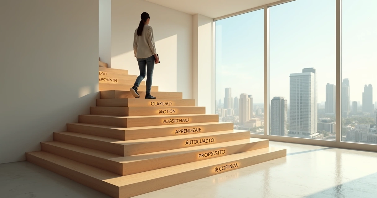 Profesional ascendiendo una escalera luminosa con ciudad al fondo 
