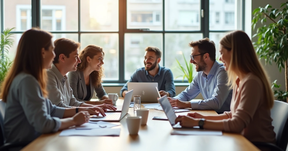 Equipo de trabajo colaborando en una sala de reuniones, gestos amistosos y ambiente relajado