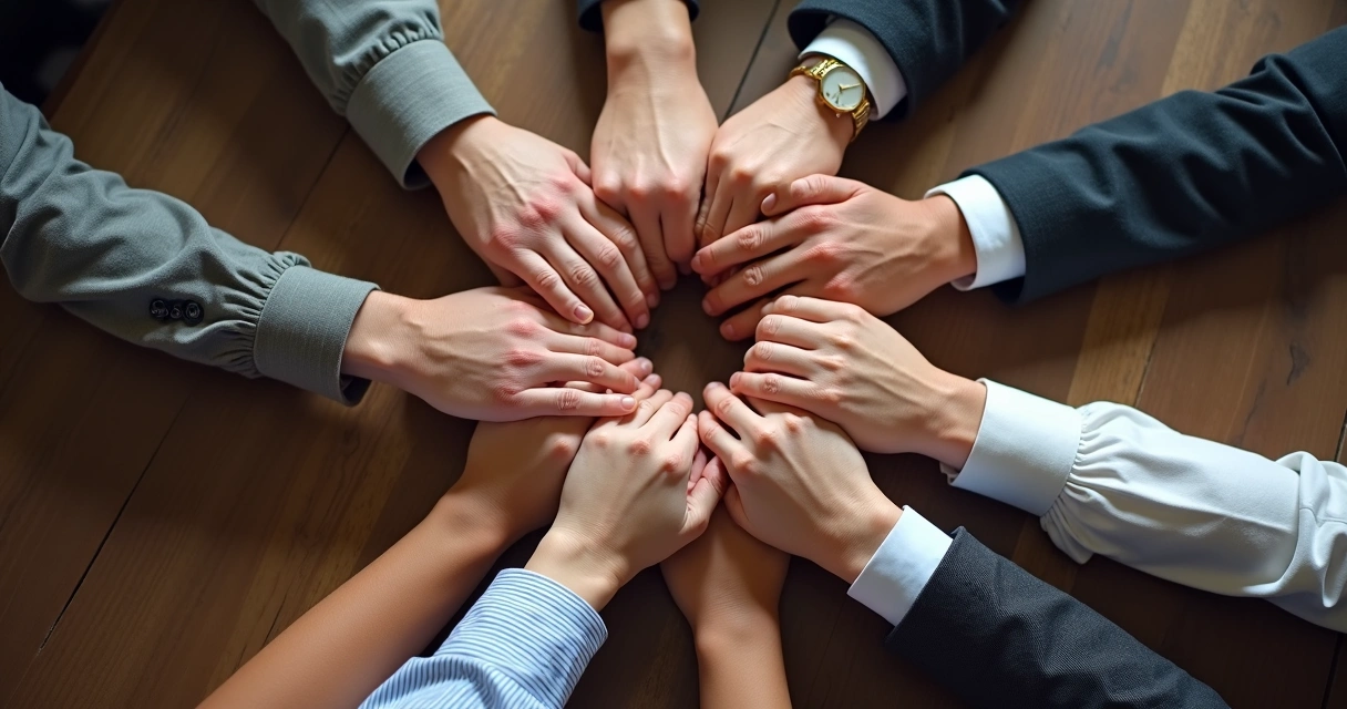 Manos unidas formando una red de confianza sobre mesa clara 