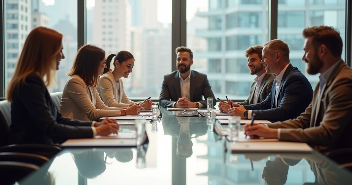 Personas alrededor de una mesa con expresión de confianza y respeto durante reunión laboral 