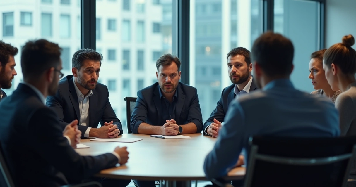 Grupo de compañeros de trabajo reunidos en círculo, algunos con expresiones serias y otros desconfiados