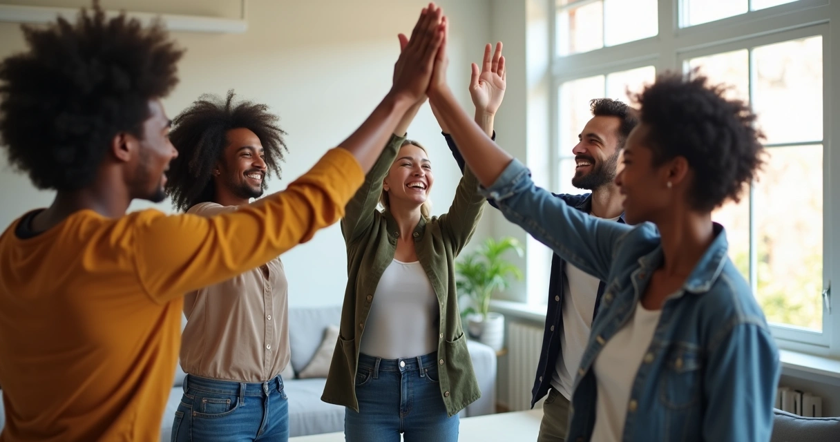 Miembros de equipo celebrando logro con confianza 