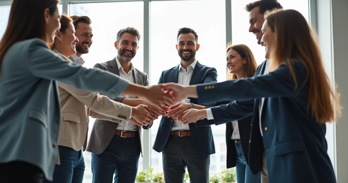 Equipo de trabajo estrechando manos en señal de confianza y unión 