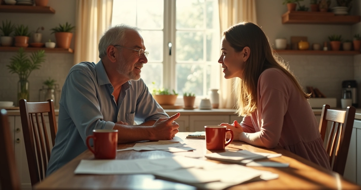 Padre e hija de distintas generaciones conversan con confianza en la mesa de un comedor. 