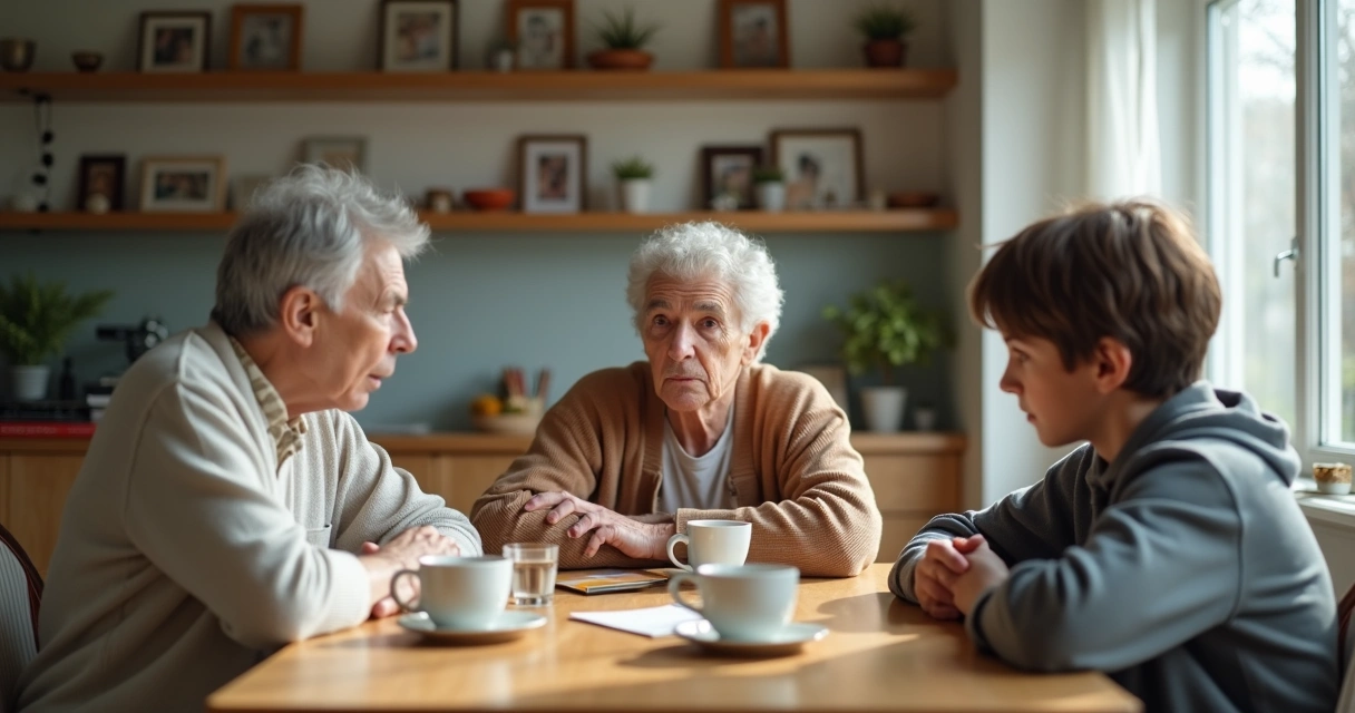 Tres generaciones de una familia conversando alrededor de una mesa con gestos tensos y atentos 