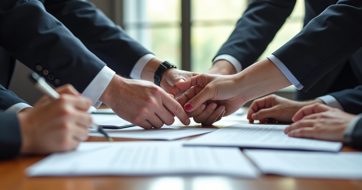 Manos unidas de varios servidores públicos 