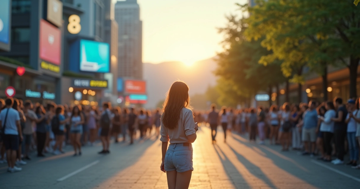 Mujer joven en un cruce de caminos entre multitud y naturaleza, eligiendo la confianza interna sobre la validación externa 