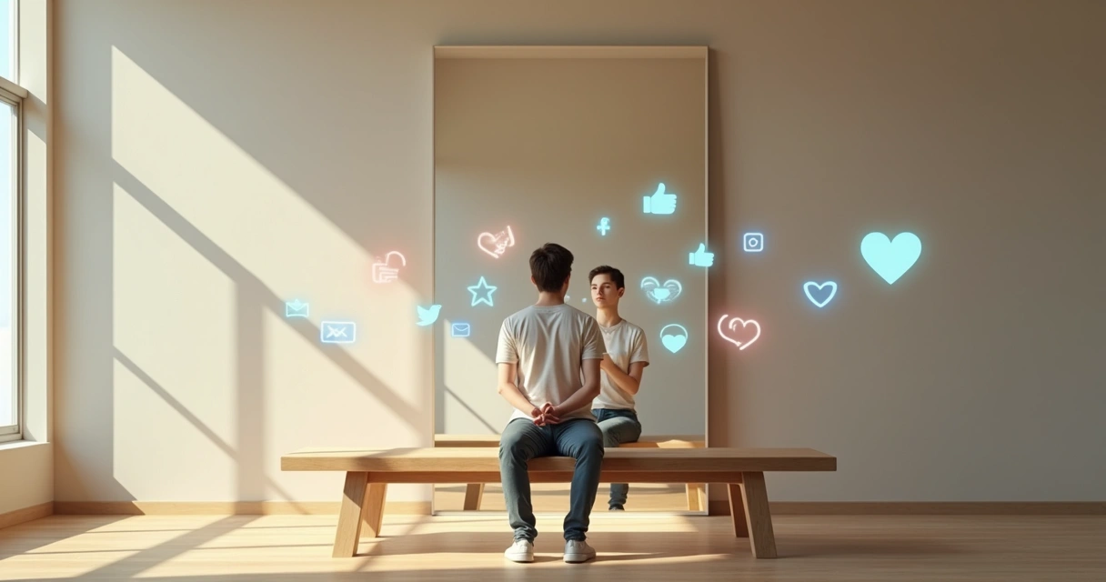 Persona pensativa frente a su reflejo rodeada de iconos de redes sociales 