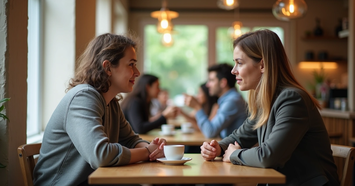 Dos personas conversan con gestos abiertos en una mesa, generando confianza mutua. 
