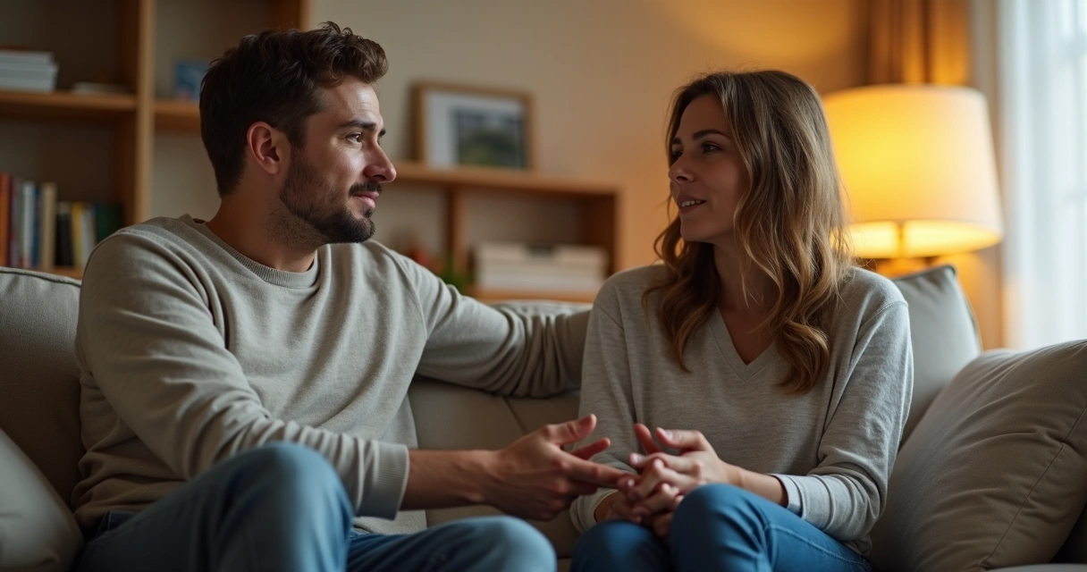 Pareja sentada conversando y escuchando con atención