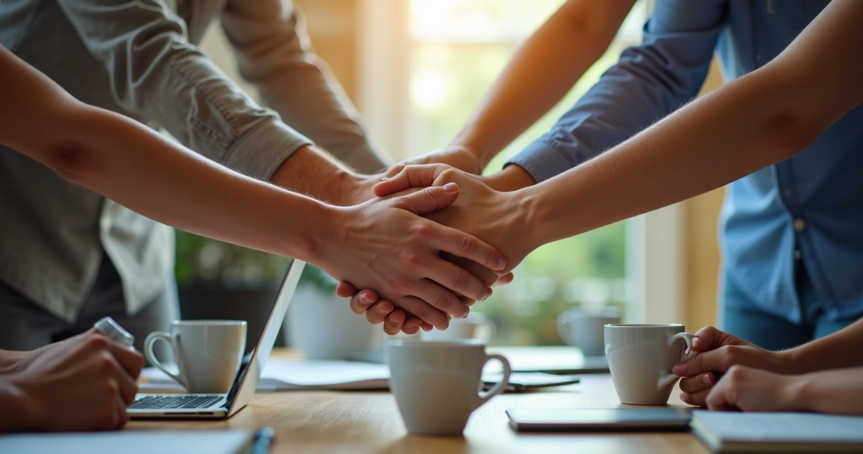 Manos de varias personas unidas en el centro de una mesa para mostrar unión 