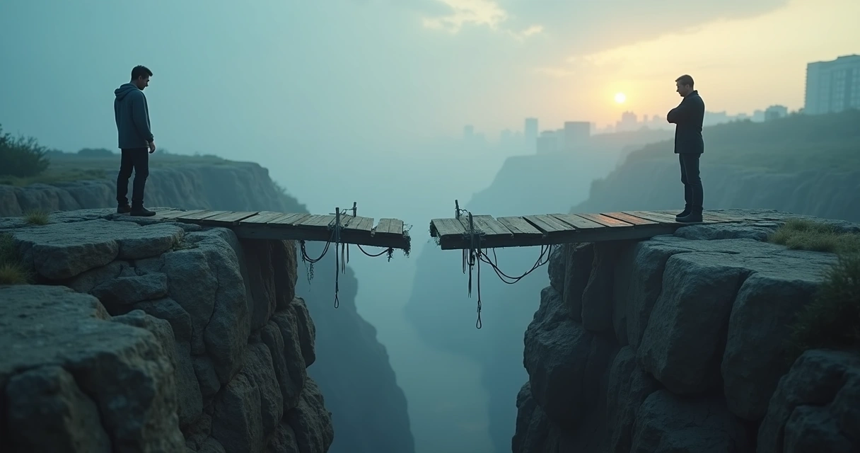 Dos personas separadas por un puente fracturado iluminado por una tenue luz 