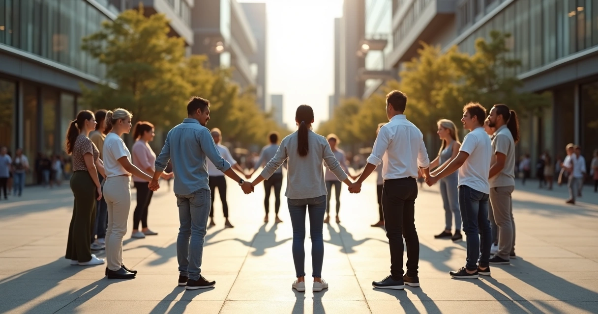Personas formando un círculo unidas por las manos en un entorno urbano luminoso 