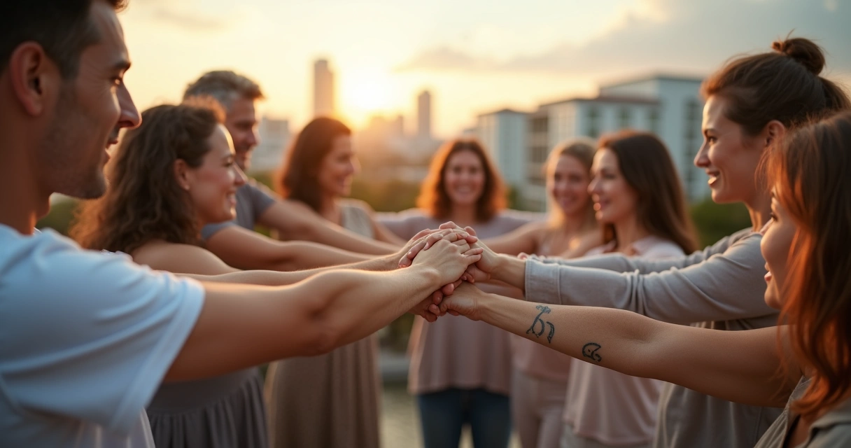 Grupo diverso de personas formando un puente de manos sobre una ciudad luminosa 