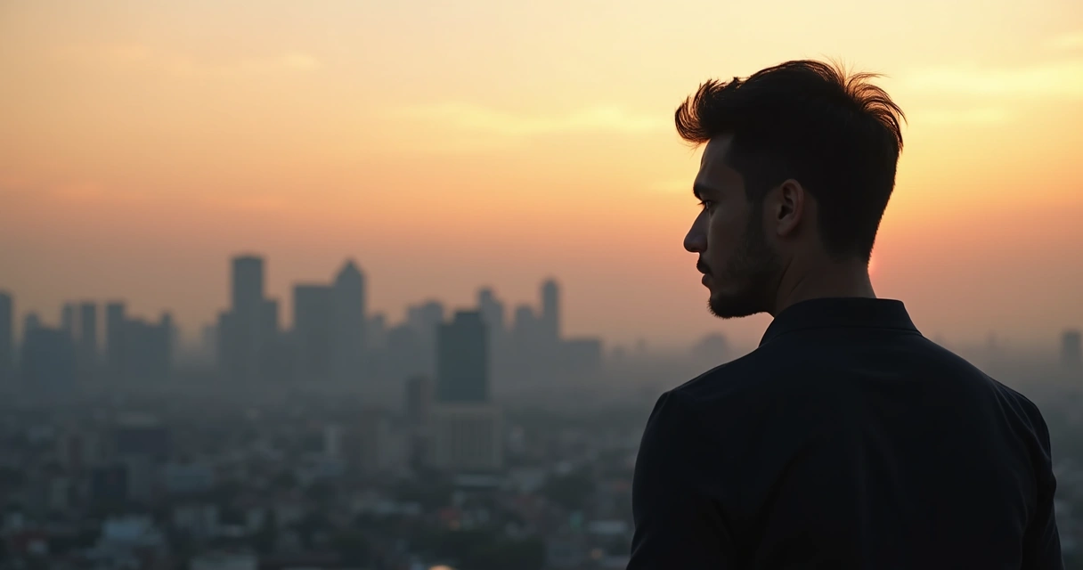 Persona de perfil mirando hacia adelante, con fondo desenfocado de ciudad y luz suave al atardecer 