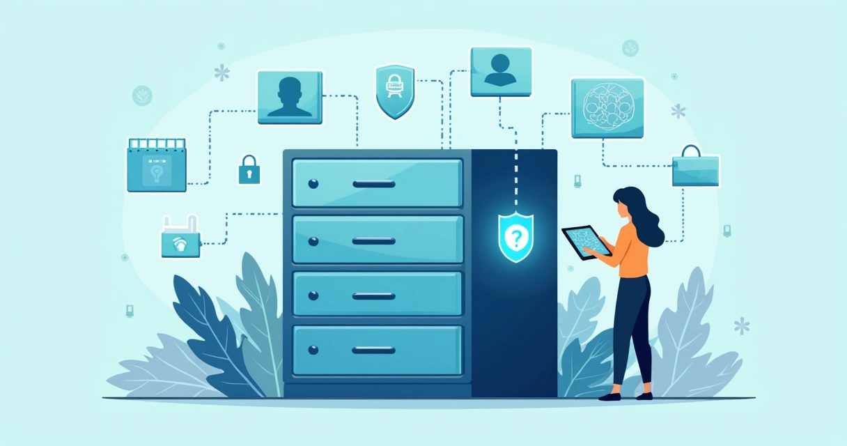 Ilustración de datos laborales protegidos en plataforma digital de RRHH. 