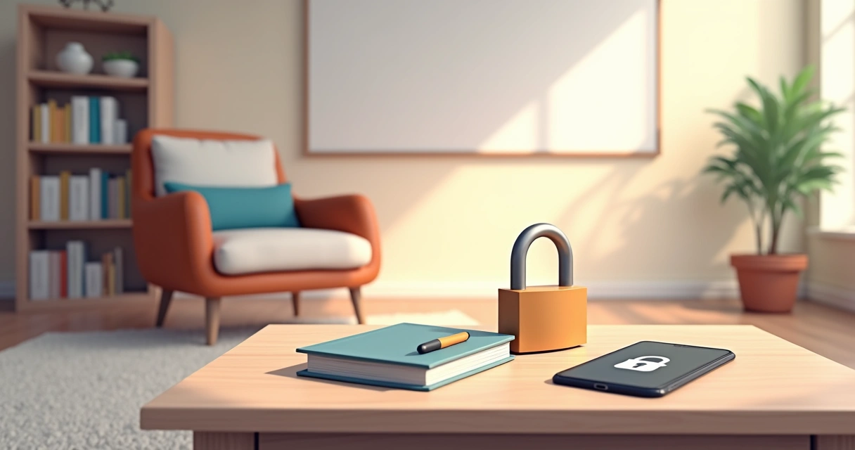 Sala de psicanálise com símbolos de confiança e privacidade