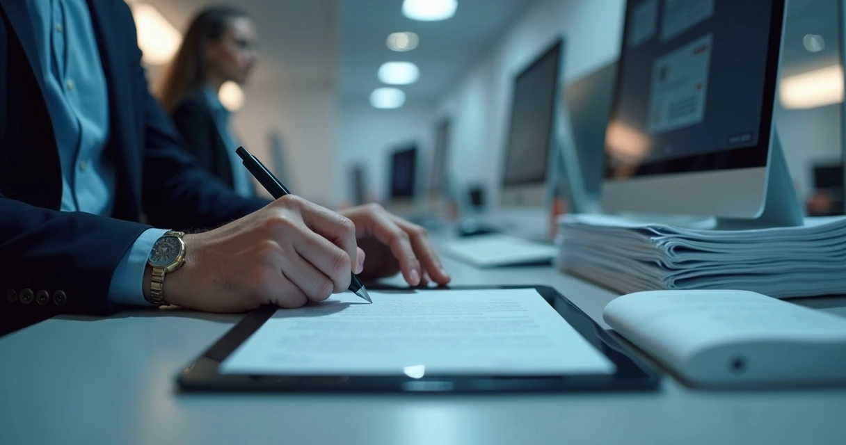Mãos firmando contrato digital em ambiente corporativo 