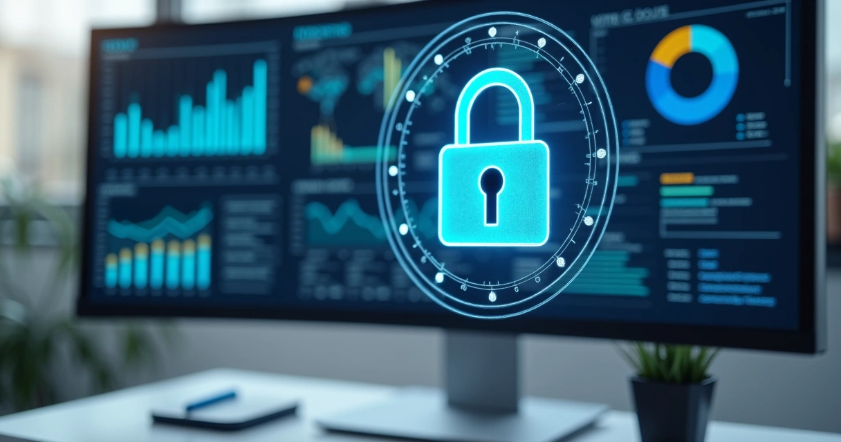 Computador com tela cheia de dados industriais, cadeado digital na tela indicando segurança 