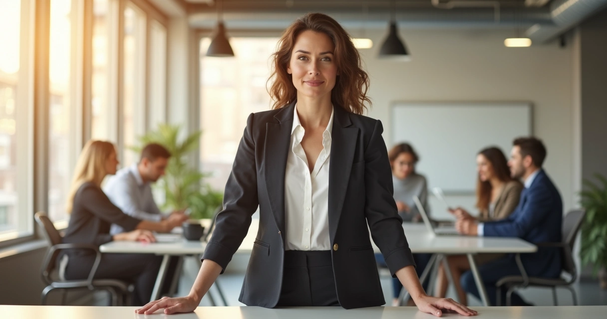 Confident businesswoman standing at desk in open office, team working in background 