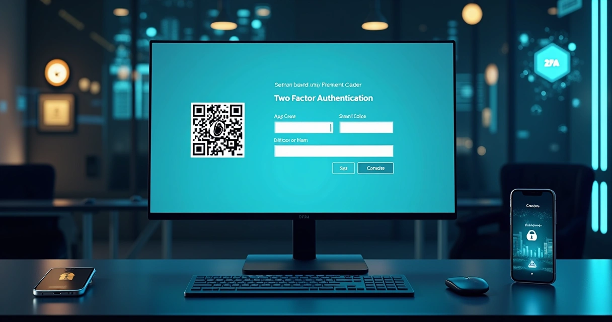 Tela de computador exibindo autenticação de dois fatores em exchange de criptomoedas com ícones de cadeado e código QR 
