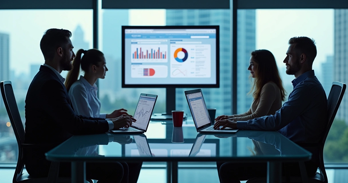 Equipe analisando campanhas digitais em telas de computador 