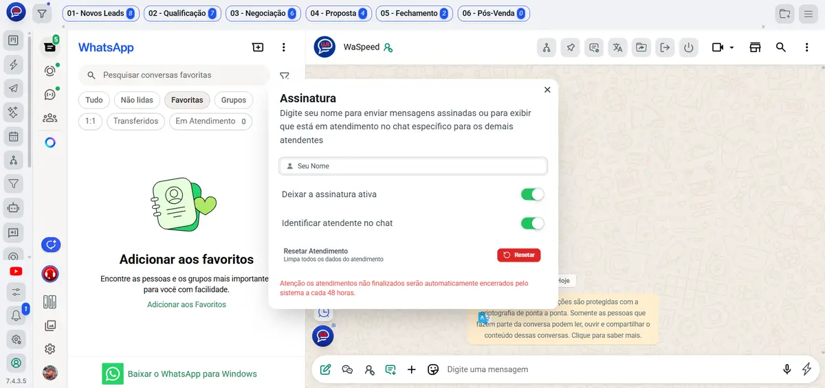 Interface do WaSpeed mostrando configuração de assinatura com opções para ativar assinatura e identificar atendente no chat