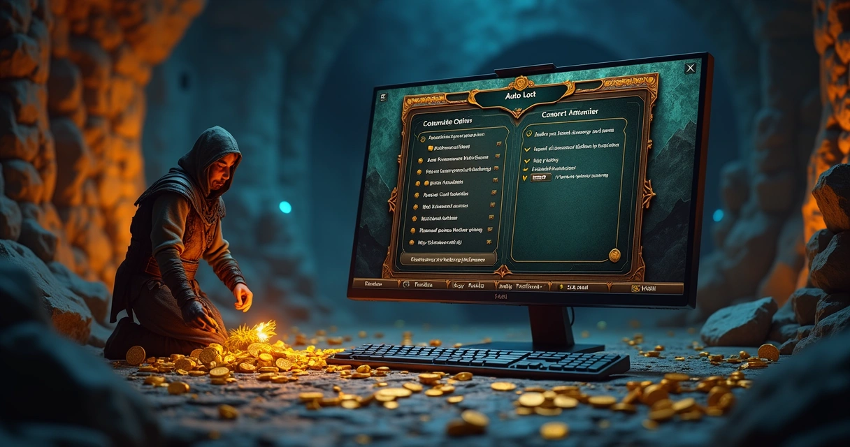 Personagem de Tibia coletando itens automaticamente usando filtros de auto loot 