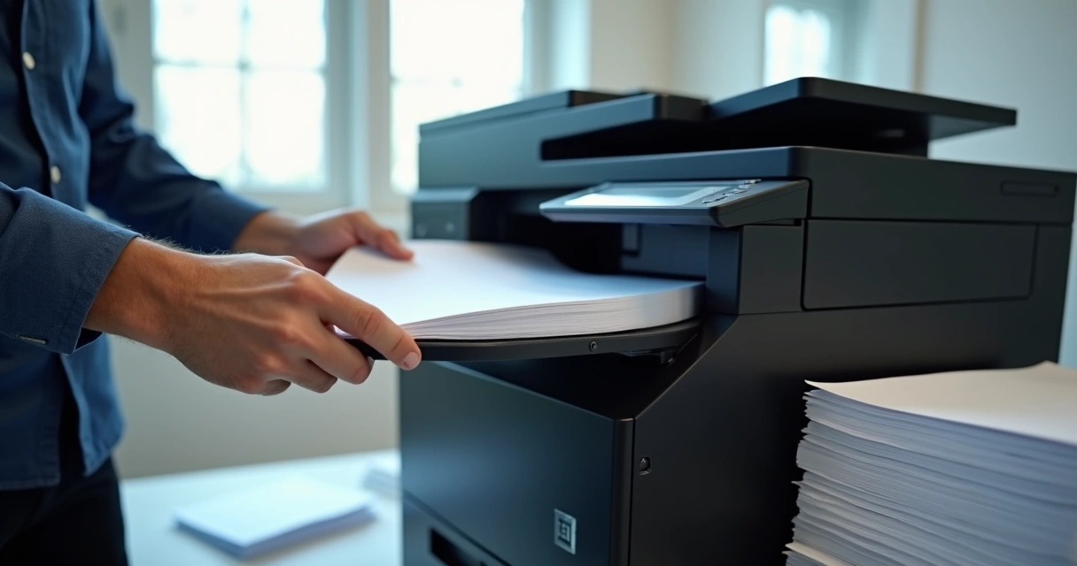 Configuração detalhada de bandeja de papel em impressora comercial 